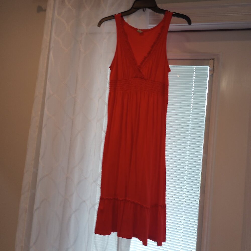 old navy sleeveless v neck red-orange ruffle dress